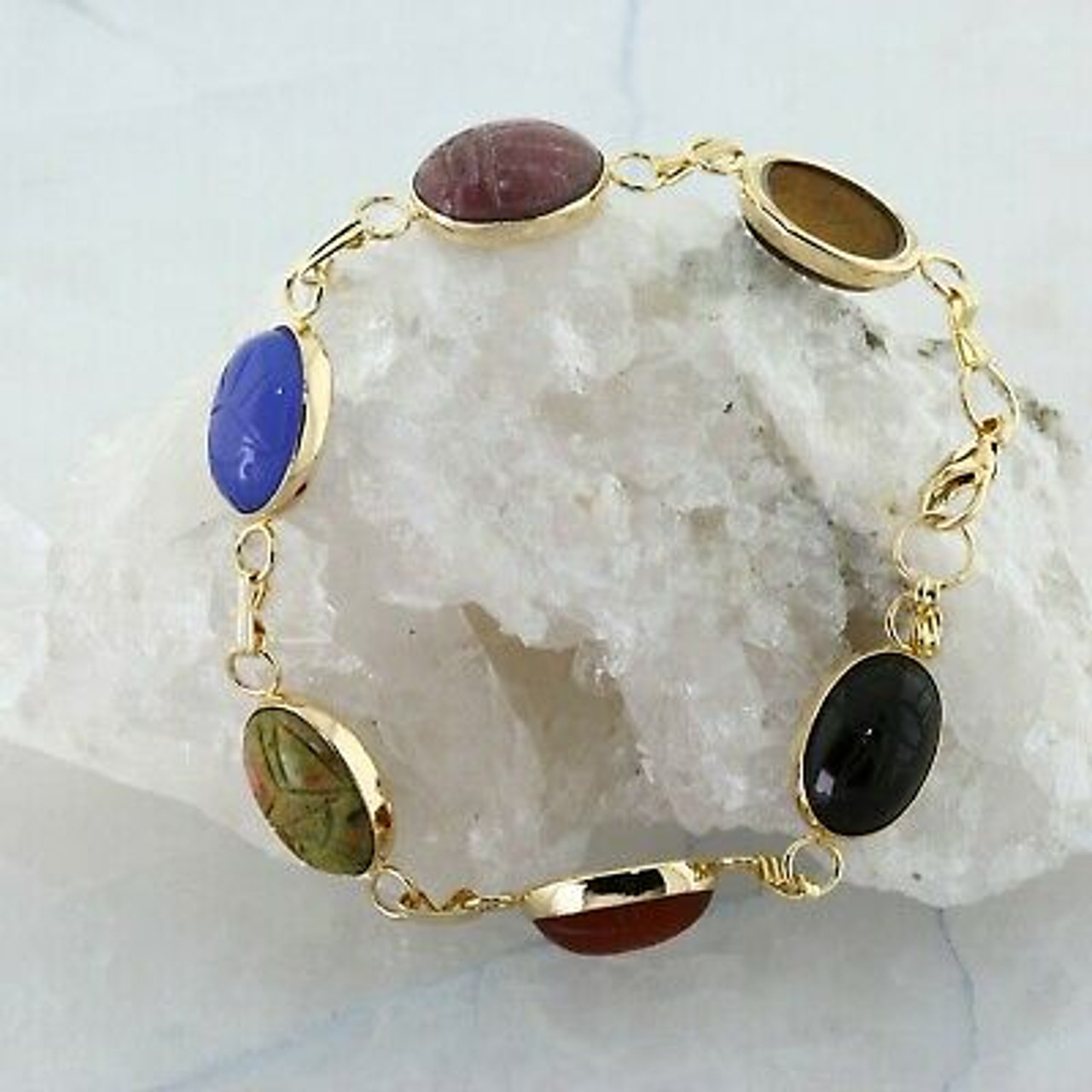 1950s Vintage Classic Scarab Bracelet with Multiple Gemstones in Solid